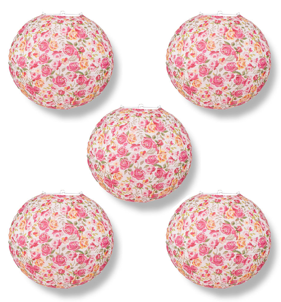 5 PACK | 14" Liberty Print Fuchsia Rose Floral Pattern Paper Lantern, Design by Esper