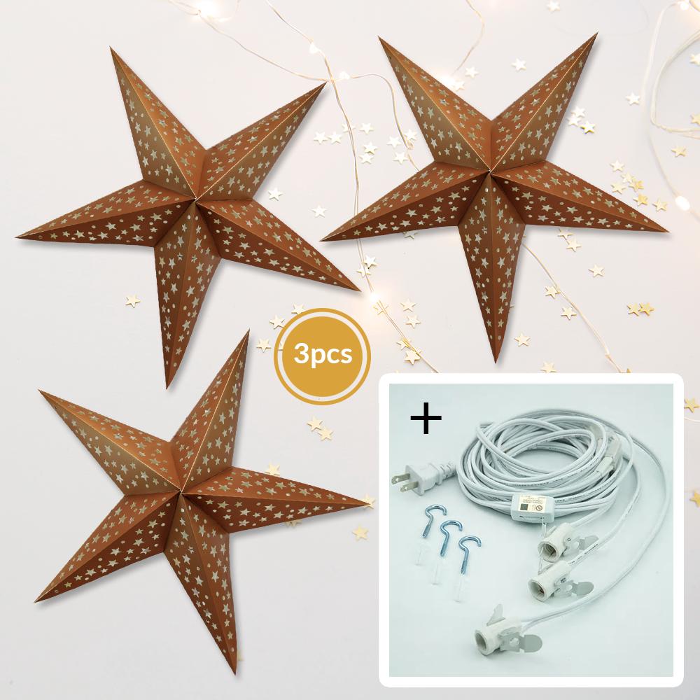  3-PACK + Cord | Copper Starry Night 24" Illuminated Paper Star Lanterns and Lamp Cord Hanging Decorations - AsianImportStore.com - B2B Wholesale Lighting and Decor