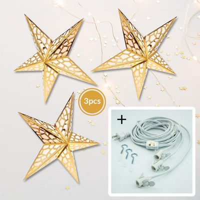 3-PACK + Cord | Gold Metallic 24" Illuminated Paper Star Lanterns and Lamp Cord Hanging Decorations - AsianImportStore.com - B2B Wholesale Lighting and Decor