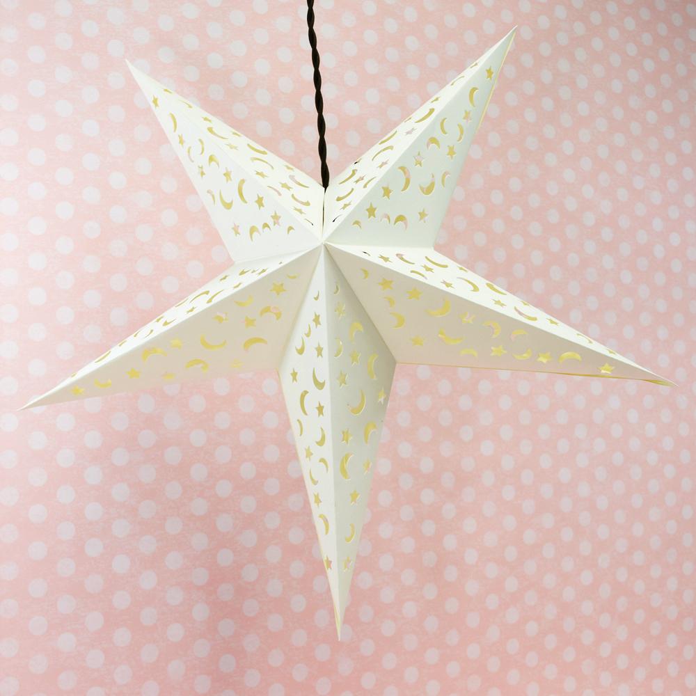 24" White Star Moon Cut-Out Paper Star Lantern, Hanging Wedding & Party Decoration - AsianImportStore.com - B2B Wholesale Lighting and Decor