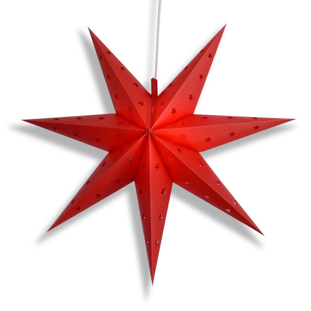 24" Red 7-Point Weatherproof Star Lantern Lamp, Hanging Decoration - Lit