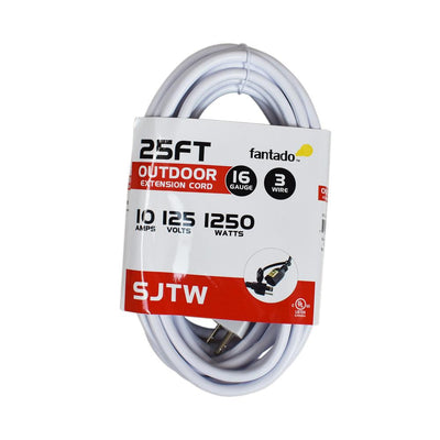 25FT SJTW Extension Cord for Outdoor Commercial String Light, White 3 Wire Cord, 16AWG, 1250 Watts - AsianImportStore.com - B2B Wholesale Lighting and Decor