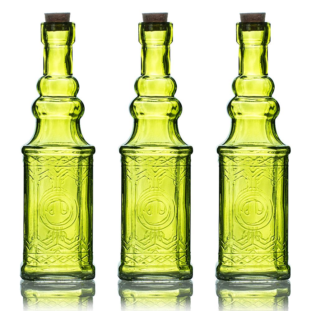 3 Pack | 6.5" Ella Chartreuse Vintage Glass Bottle with Cork - DIY Wedding Flower Bud Vases - AsianImportStore.com - B2B Wholesale Lighting and Decor