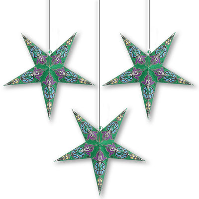 3-PACK + Cord | Green Neptune 24" Illuminated Paper Star Lanterns and Lamp Cord Hanging Decorations