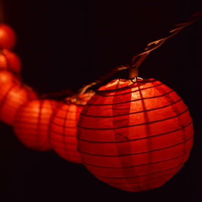 10 Socket Red Round Paper Lantern Party String Lights (4" Lanterns, Expandable) - AsianImportStore.com - B2B Wholesale Lighting & Decor since 2002