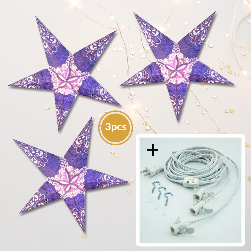 3-PACK + Cord | Blue Rain 24" Illuminated Paper Star Lanterns and Lamp Cord Hanging Decorations - AsianImportStore.com - B2B Wholesale Lighting and Decor
