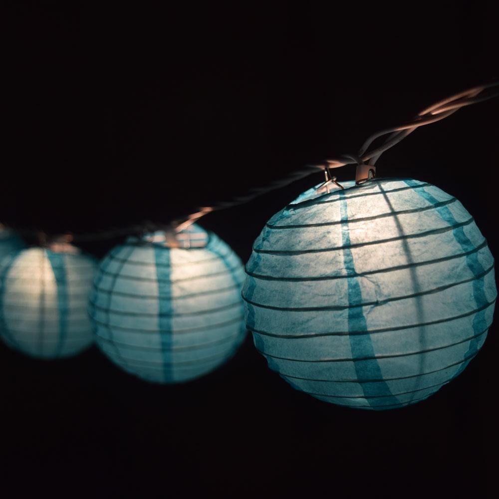 10 Socket Water Blue Round Paper Lantern Party String Lights (4" Lanterns, Expandable) - AsianImportStore.com - B2B Wholesale Lighting & Decor since 2002