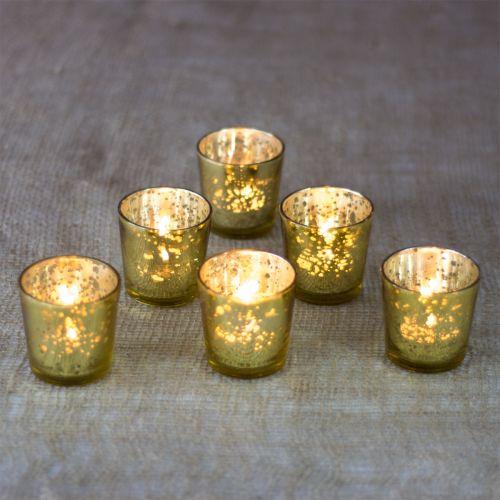6 Pack | Vintage Mercury Glass Candle Holders (2.5-Inch, Lila Design, Liquid Motif, Gold) - For Use with Tea Lights - For Parties, Weddings and Homes - AsianImportStore.com - B2B Wholesale Lighting & Decor since 2002