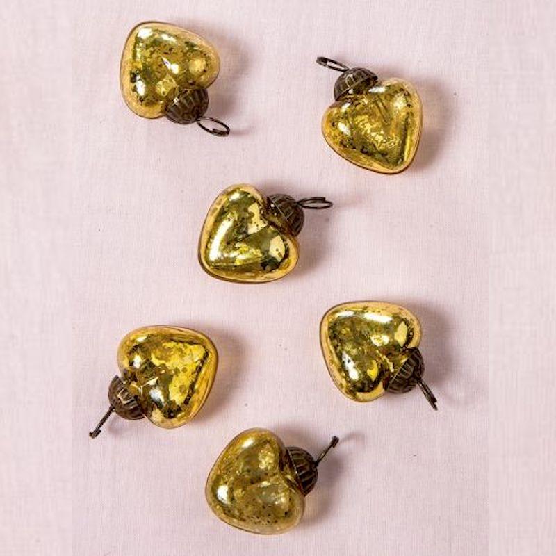 6 Pack | 1.5-Inch Gold Cora Mercury Glass Heart Ornaments Christmas Tree Decoration