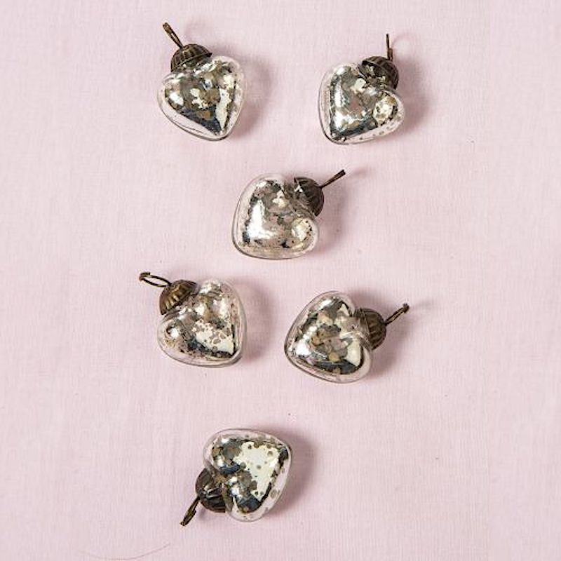 BLOWOUT (60 PACK) 6 Pack | 1.5" Silver Cora Mercury Glass Heart Ornaments Christmas Tree Decoration