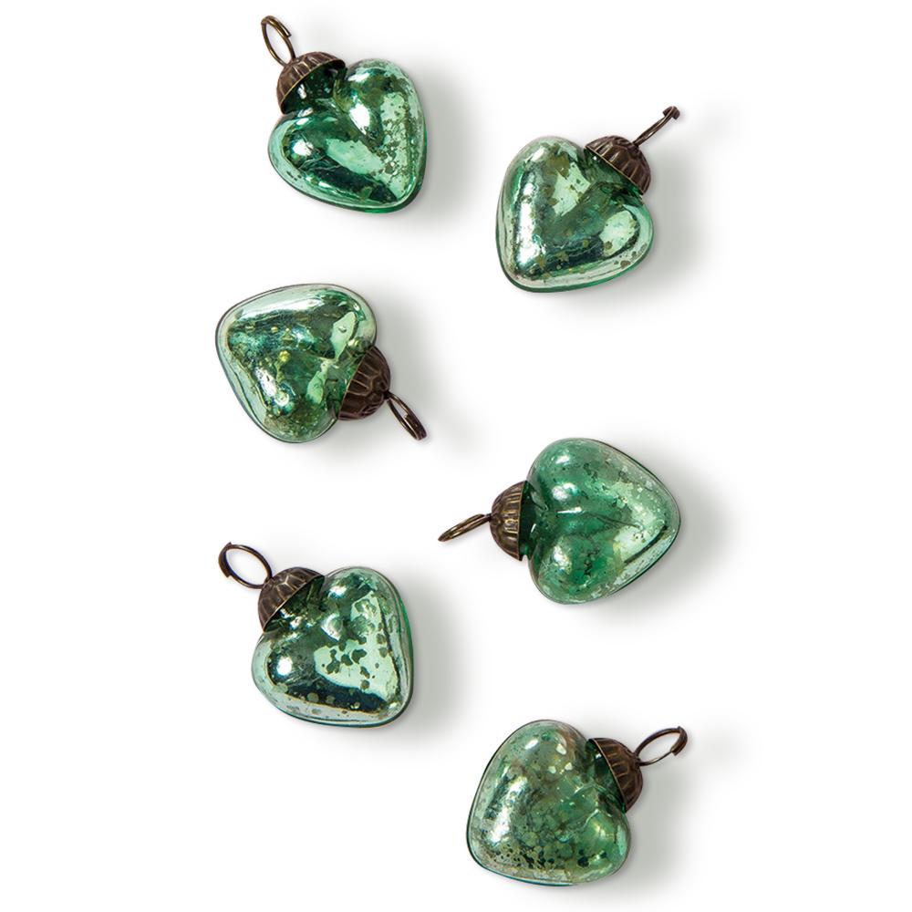 6 Pack | 1.5-Inch Vintage Green Cora Mercury Glass Heart Ornaments Christmas Tree Decoration - AsianImportStore.com - B2B Wholesale Lighting & Décor since 2002.