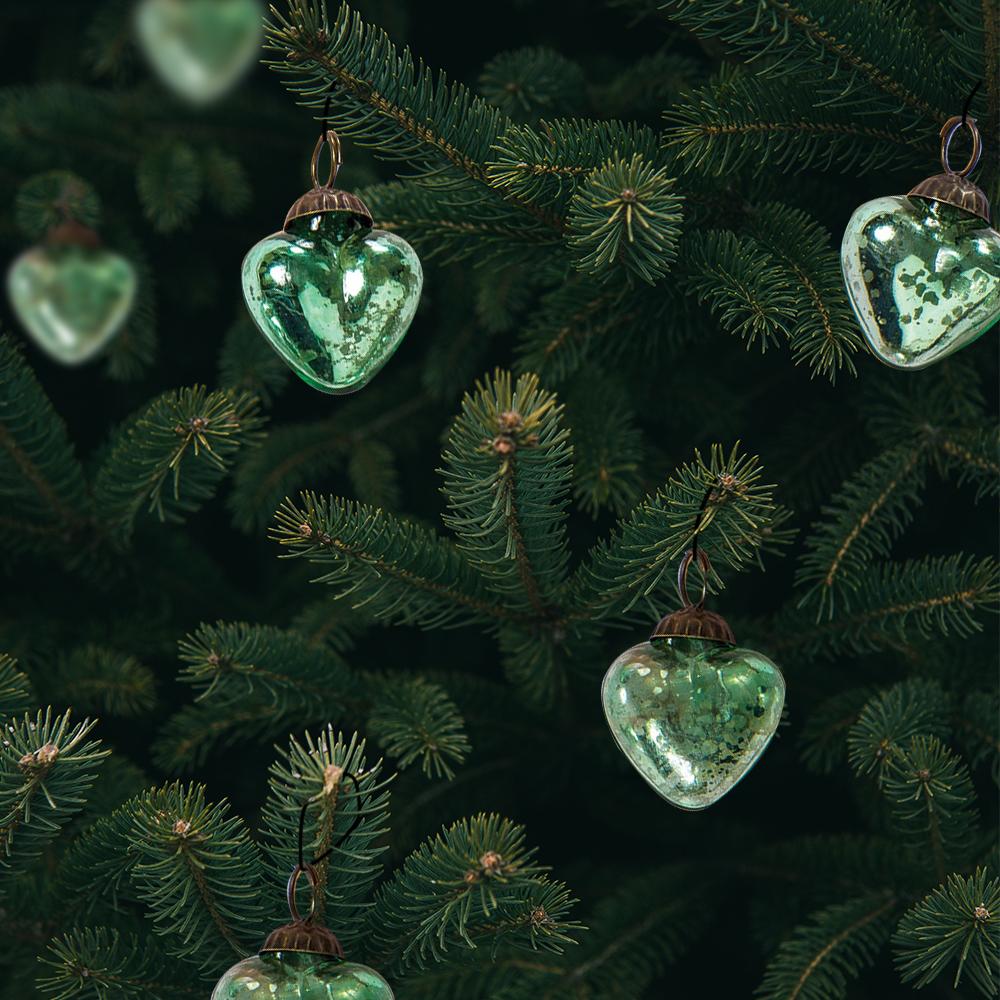 6 Pack | 1.5-Inch Vintage Green Cora Mercury Glass Heart Ornaments Christmas Tree Decoration - AsianImportStore.com - B2B Wholesale Lighting & Décor since 2002.