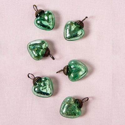 6 Pack | 1.5-Inch Vintage Green Cora Mercury Glass Heart Ornaments Christmas Tree Decoration