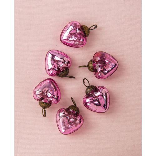 6 Pack | 1.5-Inch Pink Cora Mercury Glass Heart Ornaments Christmas Tree Decoration