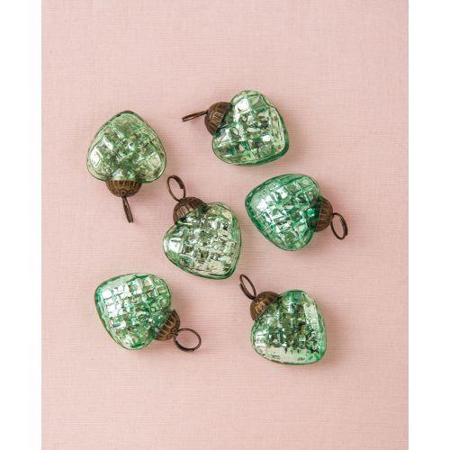 6 Pack | 1.25-Inch Vintage Green Deidra Mercury Glass Lined Heart Ornaments Christmas Tree Decoration