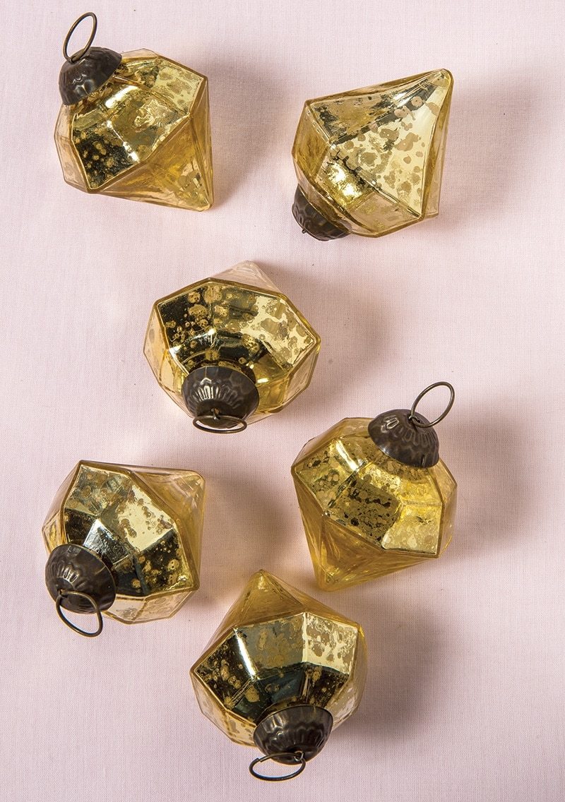 6 Pack | 2.25-Inch Gold Elizabeth Mercury Glass Diamond Shaped Ornaments Christmas Tree Decoration