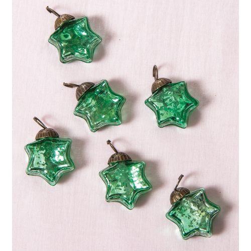 6 Pack | 1.5-Inch Vintage Green Imogen Mercury Glass Star Ornaments Christmas Tree Decoration