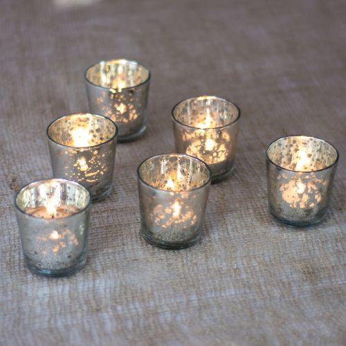 6 Pack | Vintage Mercury Glass Candle Holders (2.5-Inch, Lila Design, Liquid Motif, Silver) - For Use with Tea Lights - For Parties, Weddings and Homes - AsianImportStore.com - B2B Wholesale Lighting & Decor since 2002
