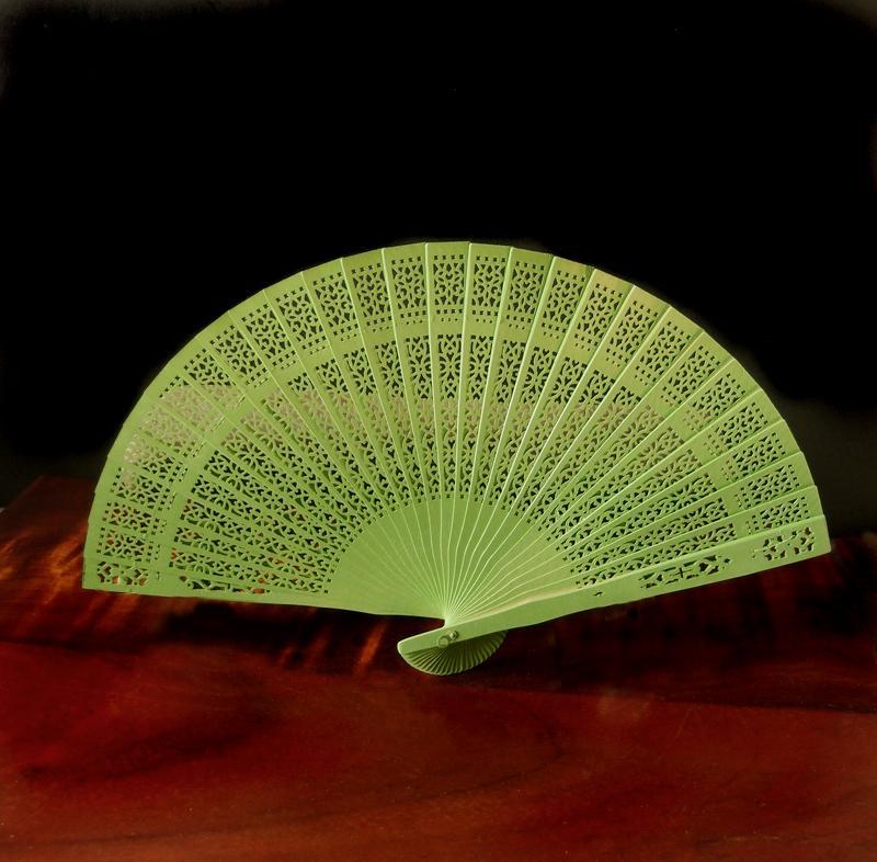 (Discontinued) (100 PACK) 8" Chartreuse Wood Panel Hand Fan w/ Organza Bag for Weddings