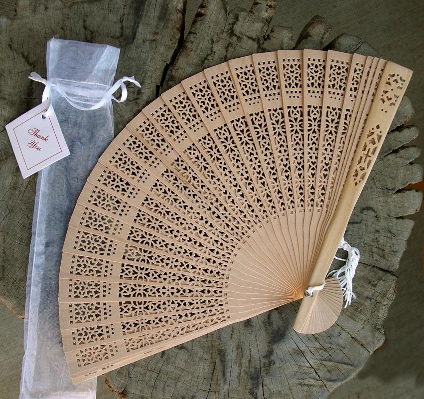8" Natural Beige / Ivory Tan Sandalwood Folding Hand Fan w/ Organza Bag for Weddings (10 PACK) - AsianImportStore.com - B2B Wholesale Lighting and Decor