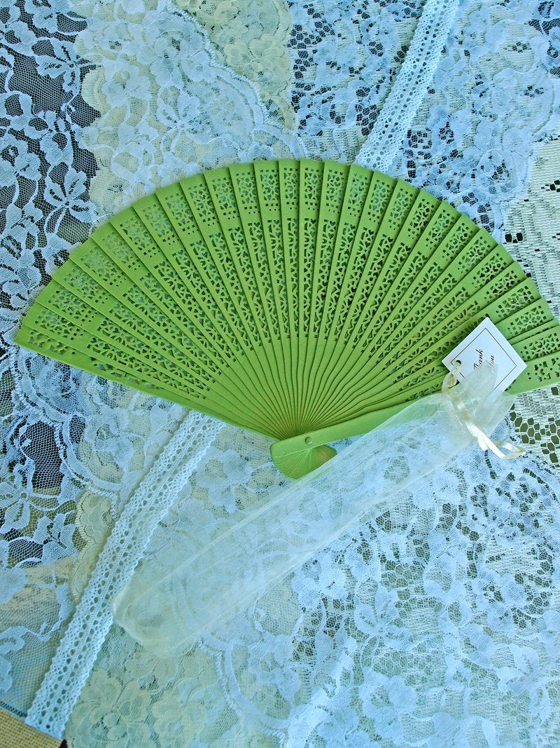 BLOWOUT (100 PACK) 8" Grass Greenery Wood Panel Hand Fan w/ Organza Bag for Weddings