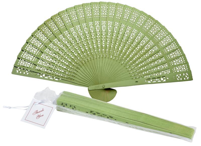 BLOWOUT (100 PACK) 8" Grass Greenery Wood Panel Hand Fan w/ Organza Bag for Weddings
