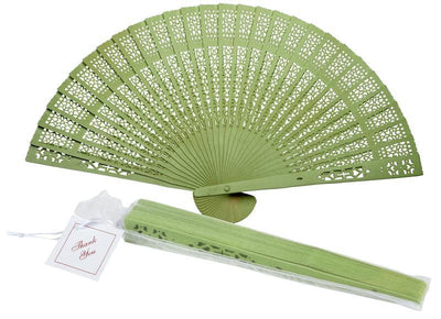 BLOWOUT (100 PACK) 8" Grass Greenery Wood Panel Hand Fan w/ Organza Bag for Weddings