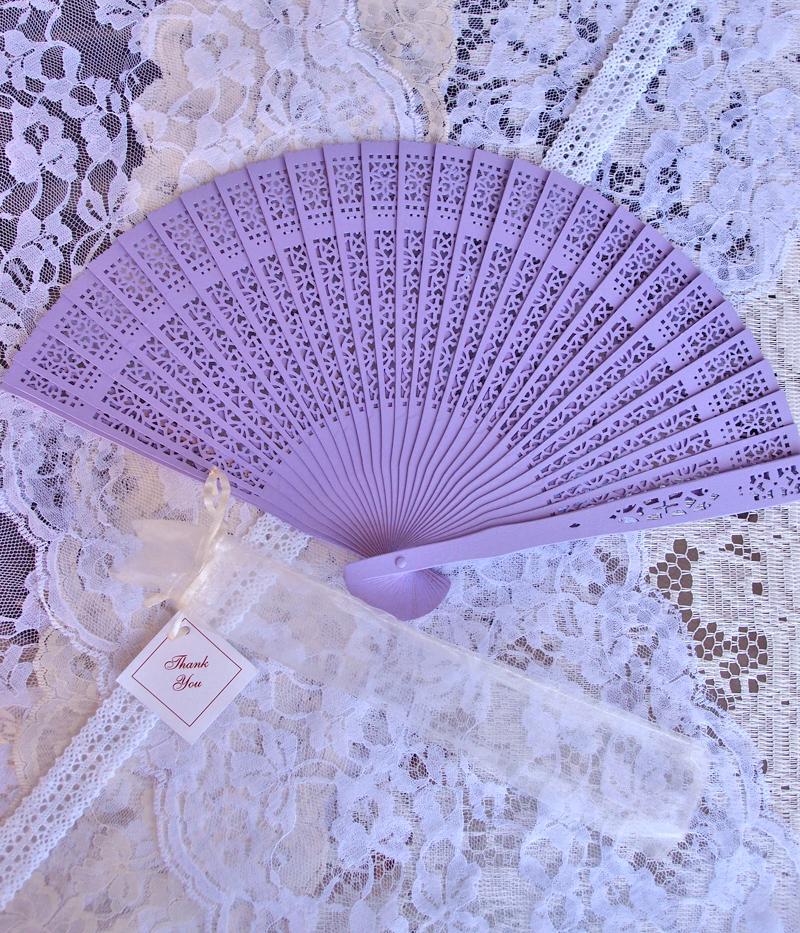 (Discontinued) (100 PACK) 8" Lavender Wood Panel Hand Fan w/ Organza Bag for Weddings