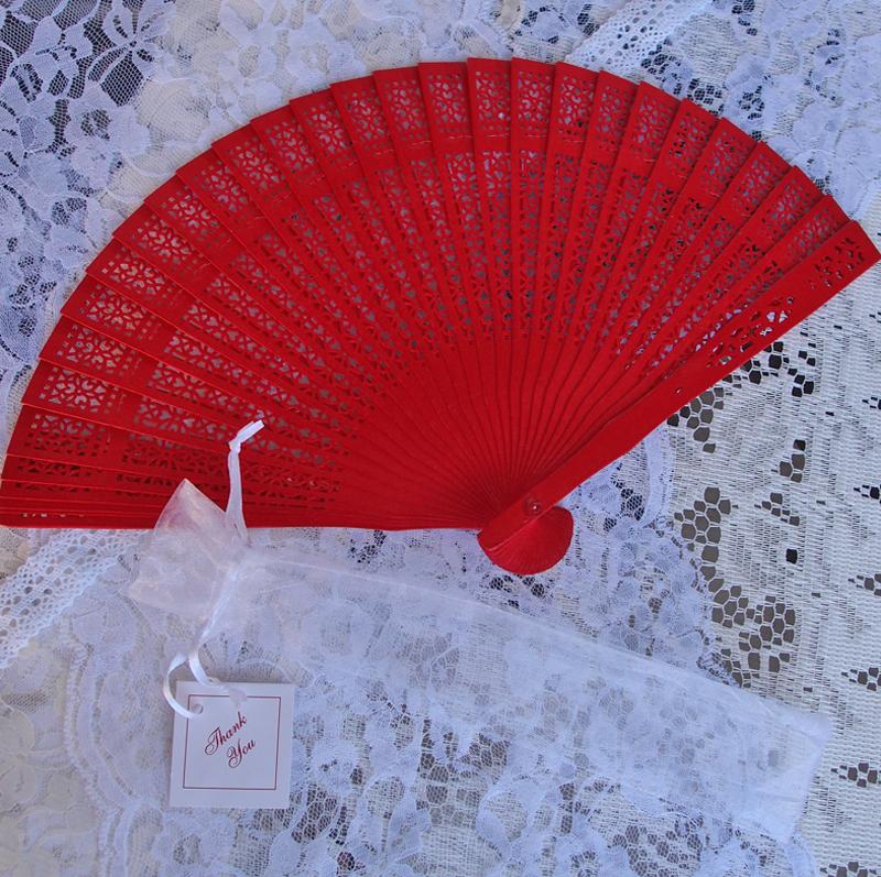 8" Red Wood Panel Hand Fan w/ Organza Bag for Weddings - AsianImportStore.com - B2B Wholesale Lighting and Decor
