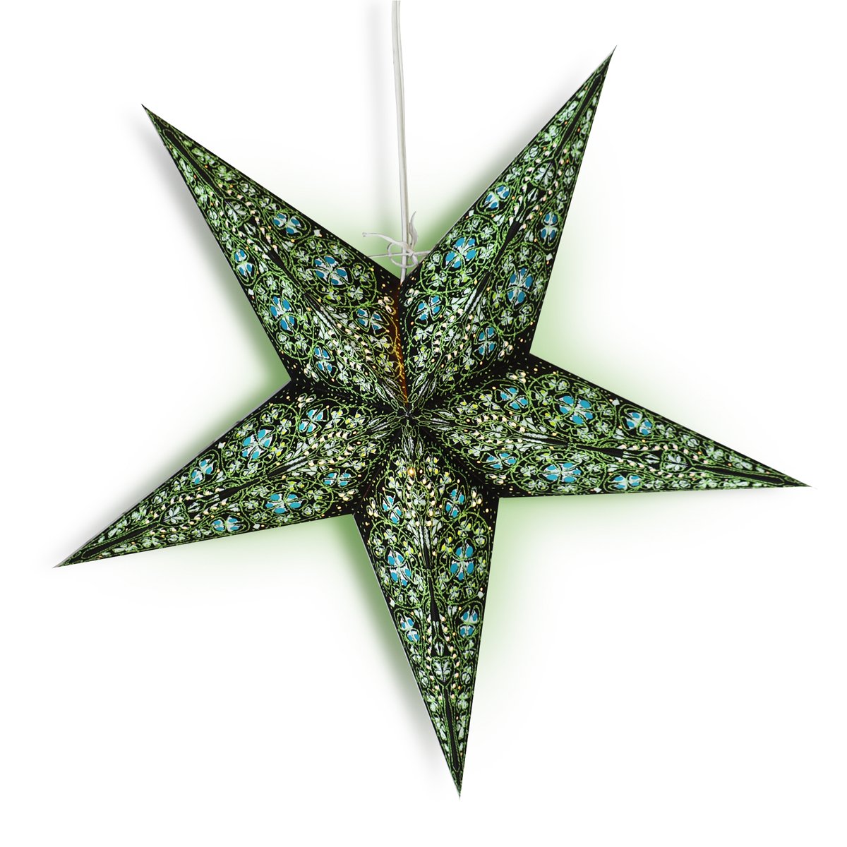 3-PACK + Cord | 24" Green / Black Garden Paper Star Lantern and Lamp Cord Hanging Decoration - AsianImportStore.com - B2B Wholesale Lighting and Decor