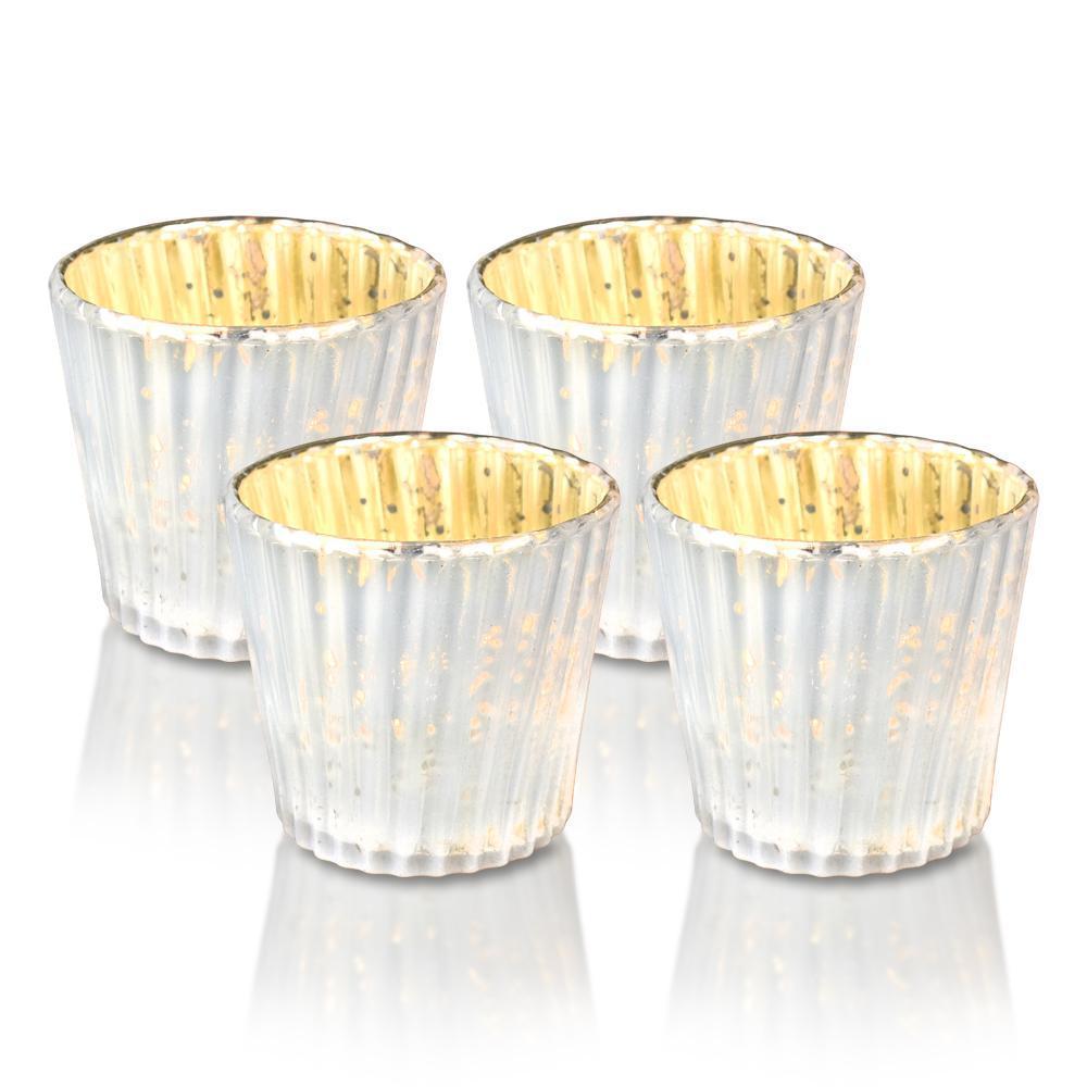 4 Pack | Vintage Mercury Glass Candle Holders (3-Inch, Caroline Design, Vertical Motif, Pearl White) - For use with Tea Lights - Home Decor, Parties and Wedding Decorations