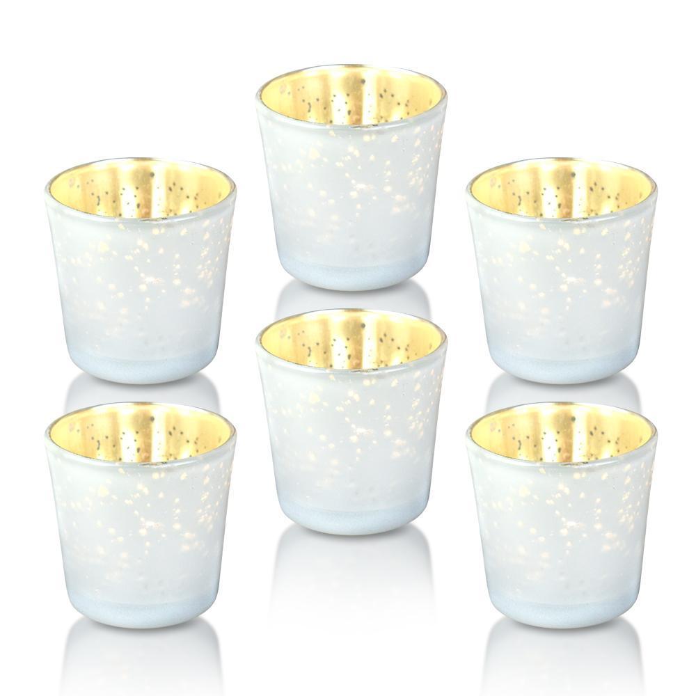 6 Pack | Vintage Mercury Glass Candle Holders (2.5-Inch, Lila Design, Liquid Motif, Pearl White) - For Use with Tea Lights - For Parties, Weddings and Homes
