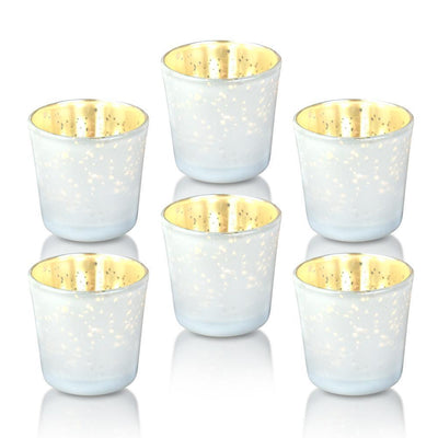 6 Pack | Vintage Mercury Glass Candle Holders (2.5-Inch, Lila Design, Liquid Motif, Pearl White) - For Use with Tea Lights - For Parties, Weddings and Homes