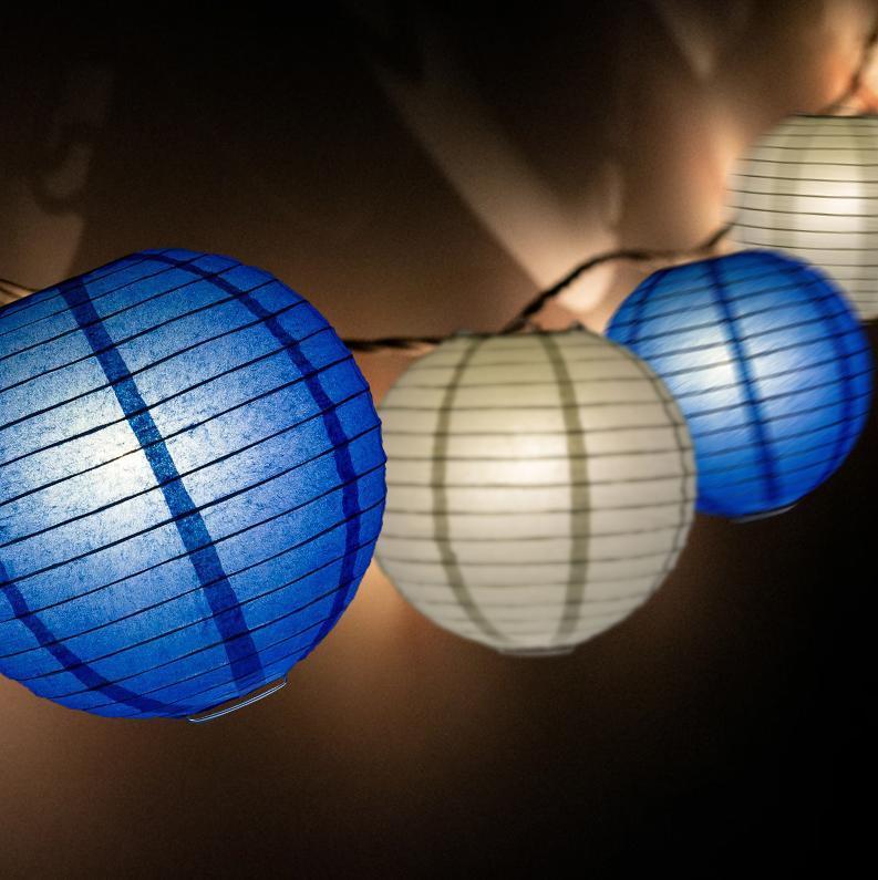 16-FT, 20x Paper Lantern Party String Lights Set (4" Dark Blue and Silver Lanterns) - AsianImportStore.com - B2B Wholesale Lighting & Decor since 2002