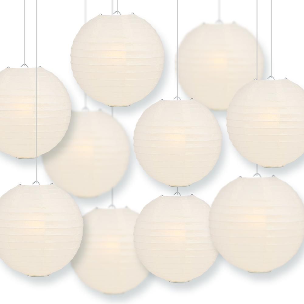 12 PACK | 12" Beige Even Ribbing Round Paper Lantern, Hanging Combo Set