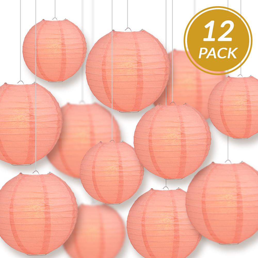 12-PC Roseate / Pink Coral Paper Lantern Chinese Hanging Wedding & Party Assorted Decoration Set, 12/10/8-Inch - AsianImportStore.com - B2B Wholesale Lighting and Decor