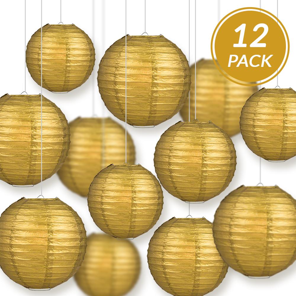 12-PC Gold Paper Lantern Chinese Hanging Wedding & Party Assorted Decoration Set, 12/10/8-Inch - AsianImportStore.com - B2B Wholesale Lighting and Decor