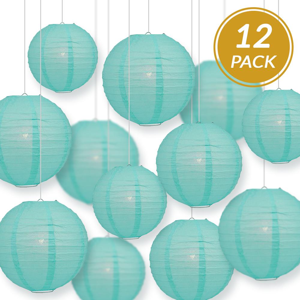 12-PC Water Blue Paper Lantern Chinese Hanging Wedding & Party Assorted Decoration Set, 12/10/8-Inch - AsianImportStore.com - B2B Wholesale Lighting and Decor