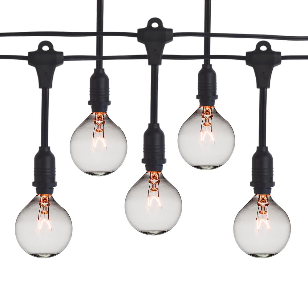 50 Socket Suspended Outdoor Commercial String Light Set, Clear Globe Bulbs, 54 FT Black Cord w/ E12 C7 Base, Weatherproof