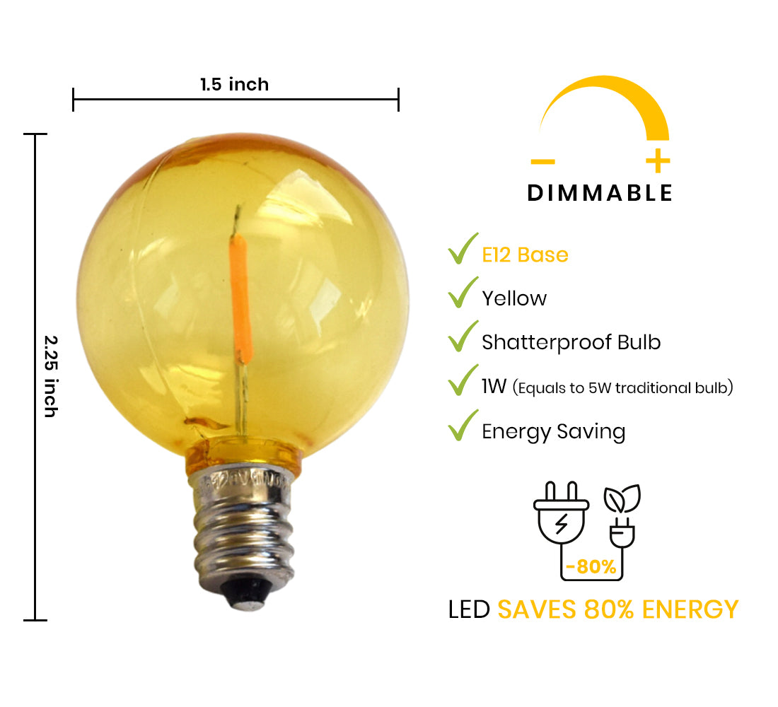 Yellow LED Filament G40 Globe Shatterproof Energy Saving Color Light Bulb, Dimmable, 1W,  E12 Candelabra Base