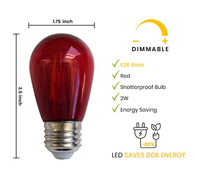 Red LED Filament S14 Shatterproof Energy Saving Color Light Bulb, Dimmable, 2W,  E26 Medium Base