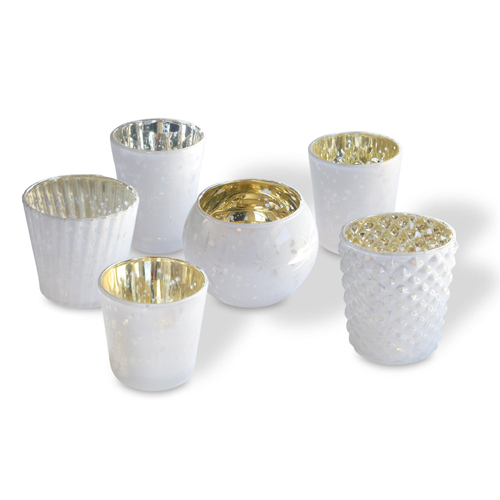 Lit Best of Show Vintage Mercury Glass Votive Tea Light Candle Holders - Pearl White (Set of 6, Assorted Designs)