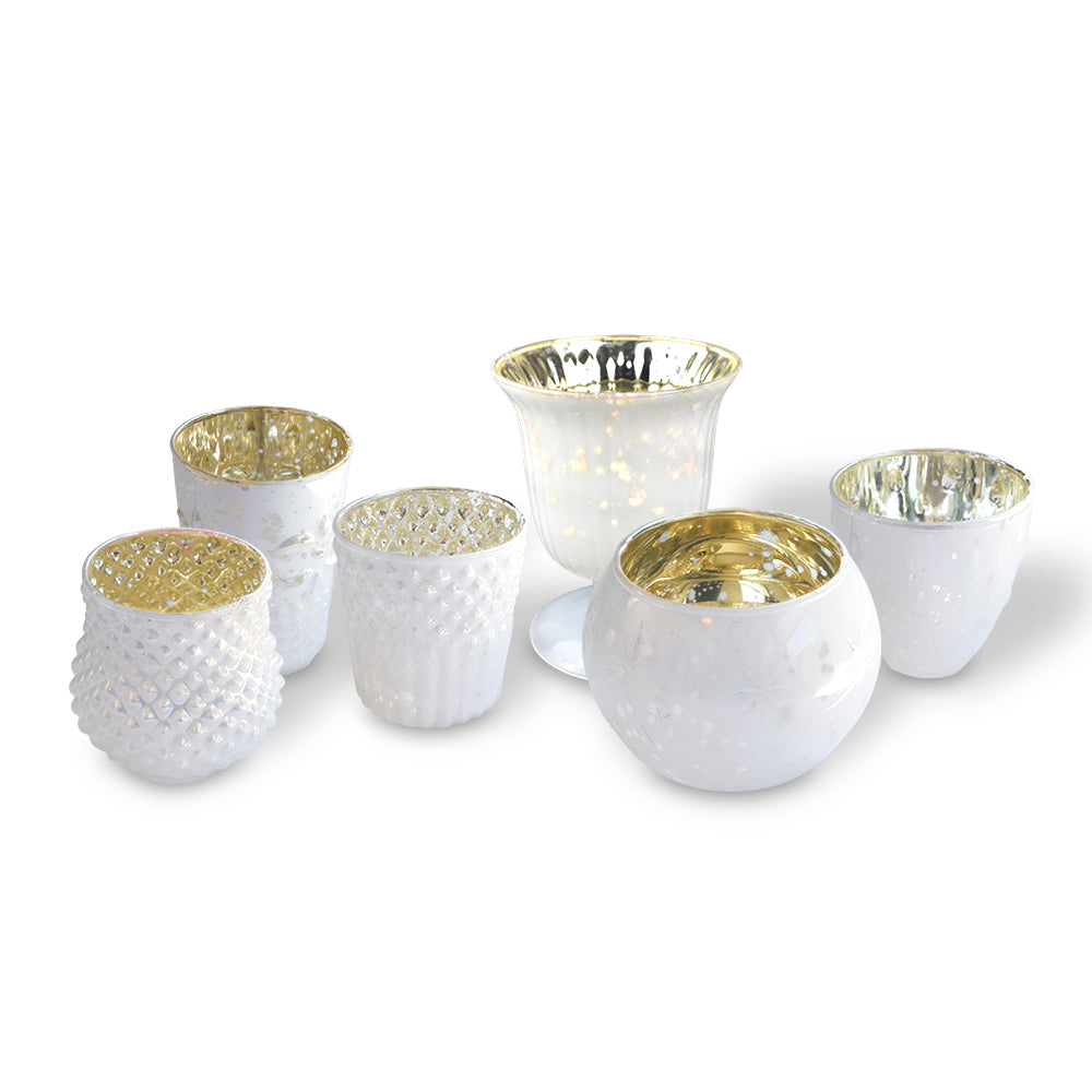 Lit Vintage Glam Pearl White Mercury Glass Tea Light Votive Candle Holders (Set of 6, Assorted Designs and Sizes)
