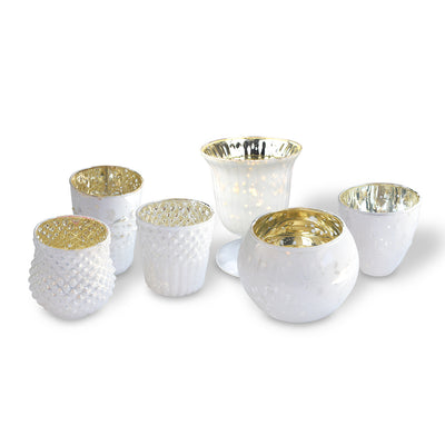 Vintage Glam Pearl White Mercury Glass Tea Light Votive Candle Holders (Set of 6, Assorted Designs and Sizes)