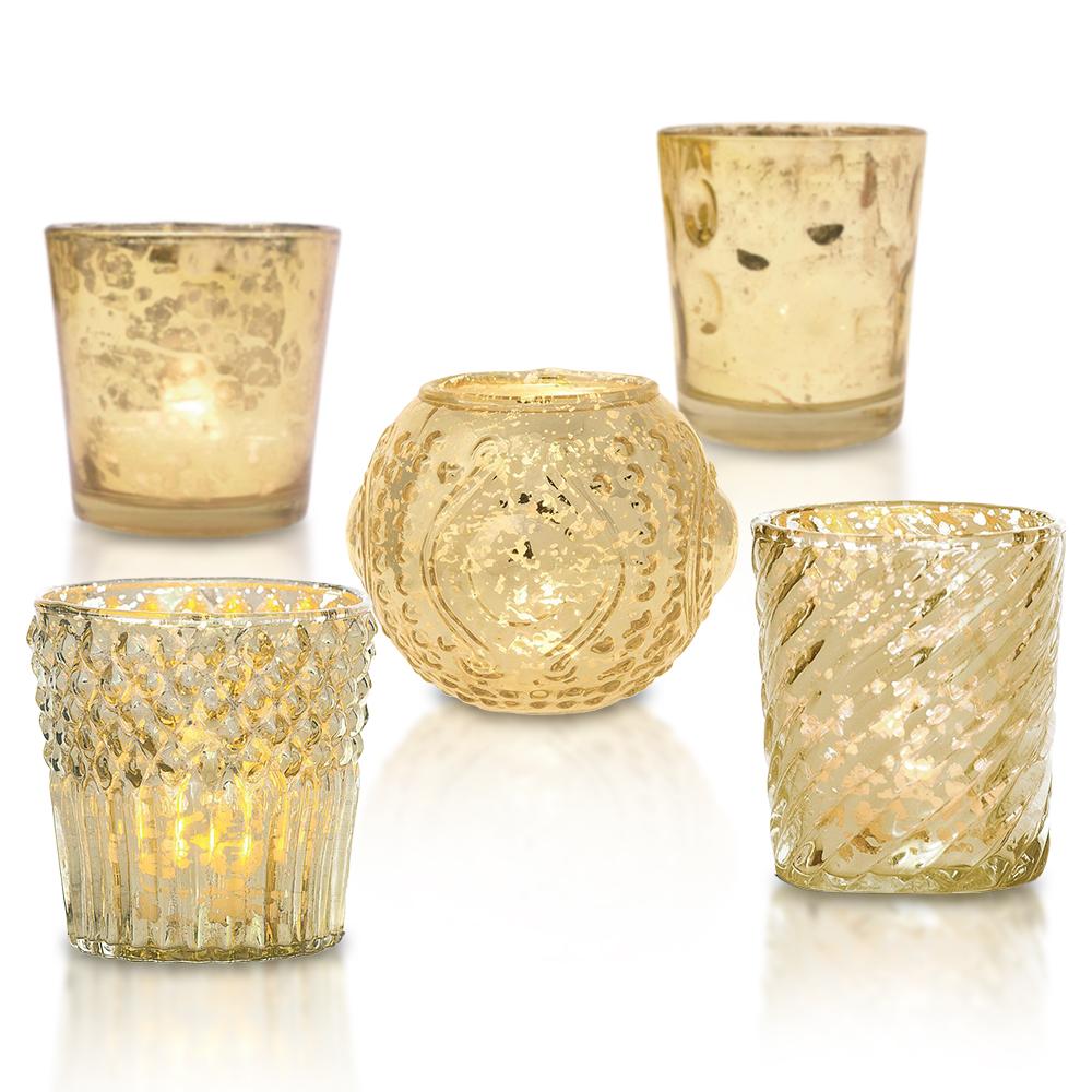 Royal Flush Gold Mercury Glass Tea Light Votive Candle Holders (5 PACK, Assorted Designs and Sizes)