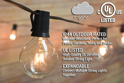 25 Socket Outdoor Patio String Light Set, G50 Clear Globe Bulbs, 28 FT Black Cord w/ E17 Base - AsianImportStore.com - B2B Wholesale Lighting and Decor