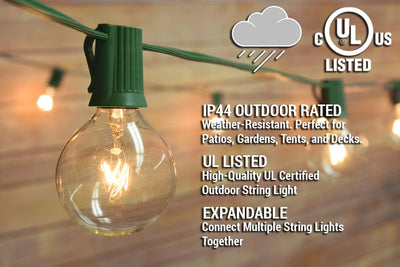 25 Socket Outdoor Patio String Light Set, G50 Clear Globe Bulbs, 28 FT Green Cord w/ E17 Base - AsianImportStore.com - B2B Wholesale Lighting and Decor