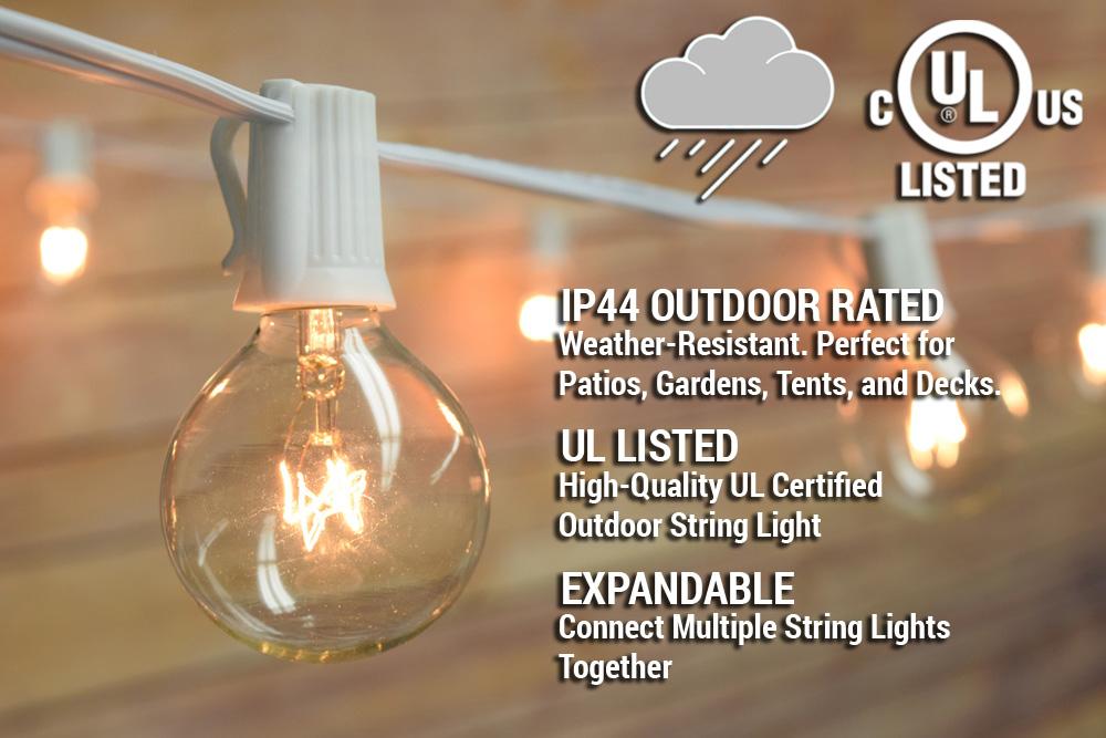  25 Socket Outdoor Patio String Light Set, G50 Clear Globe Bulbs, 28 FT White Cord w/ E17 Base - AsianImportStore.com - B2B Wholesale Lighting and Decor