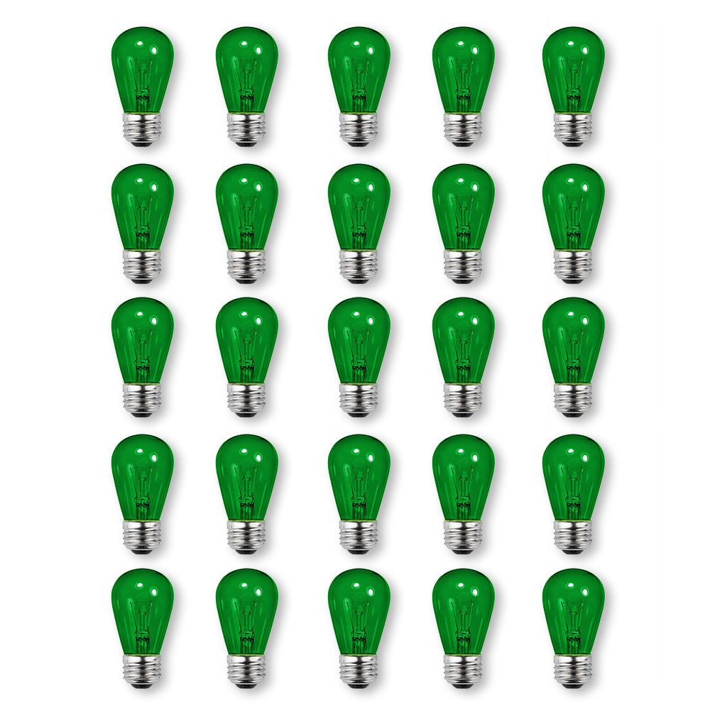 (Discontinued) Replacement Transparent Green 11-Watt Incandescent S14 Sign Light Bulbs, E26 Medium Base (25 PACK)