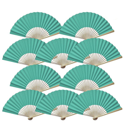 9" Cool Mint Green Paper Hand Fans for Weddings, Premium Paper Stock (10 Pack)